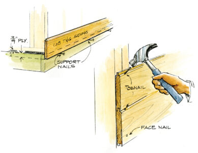 illustration of a person nailing siding to a wall frame
